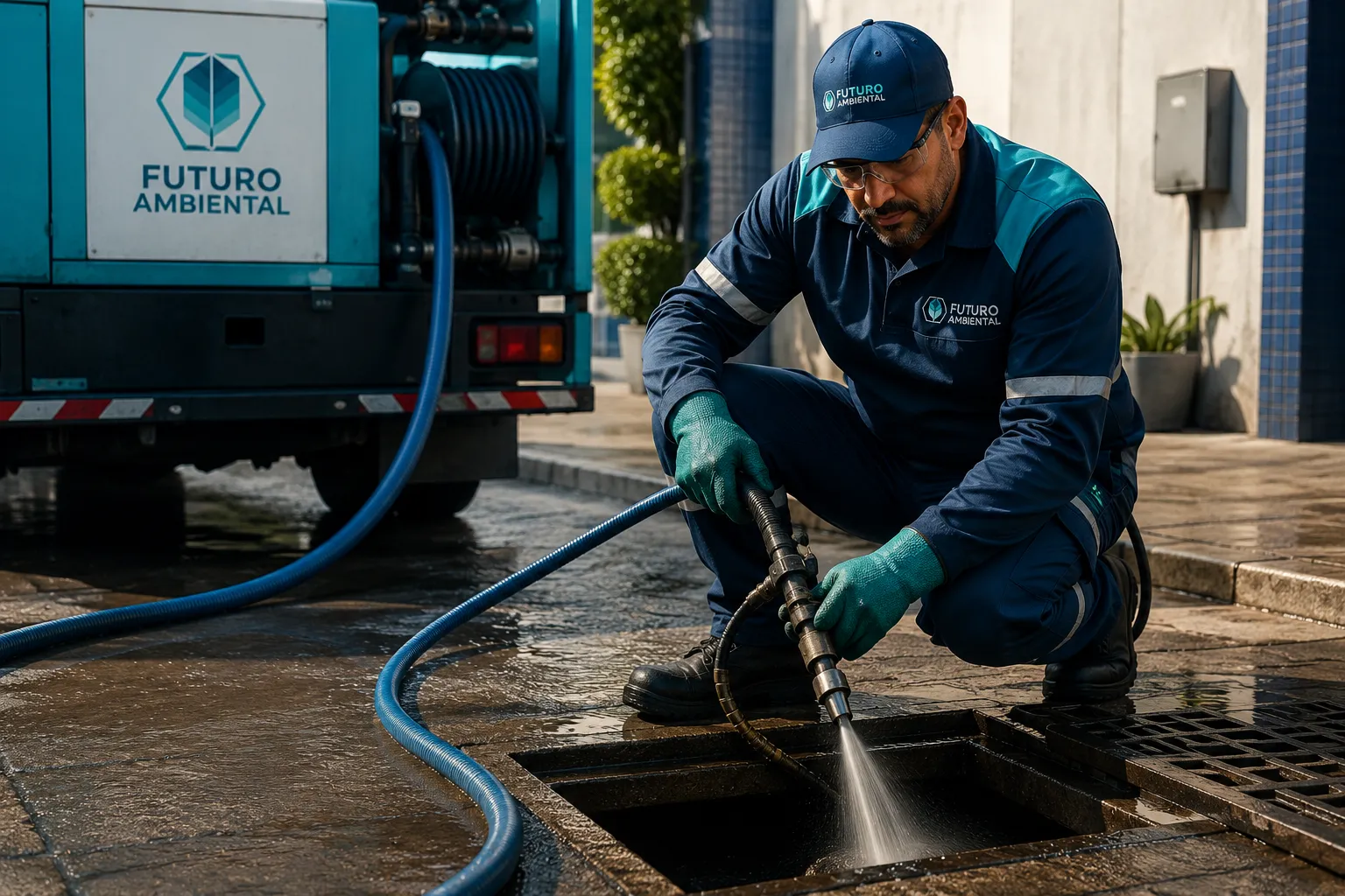 Profissional da Futuro Ambiental em operação de hidrojateamento